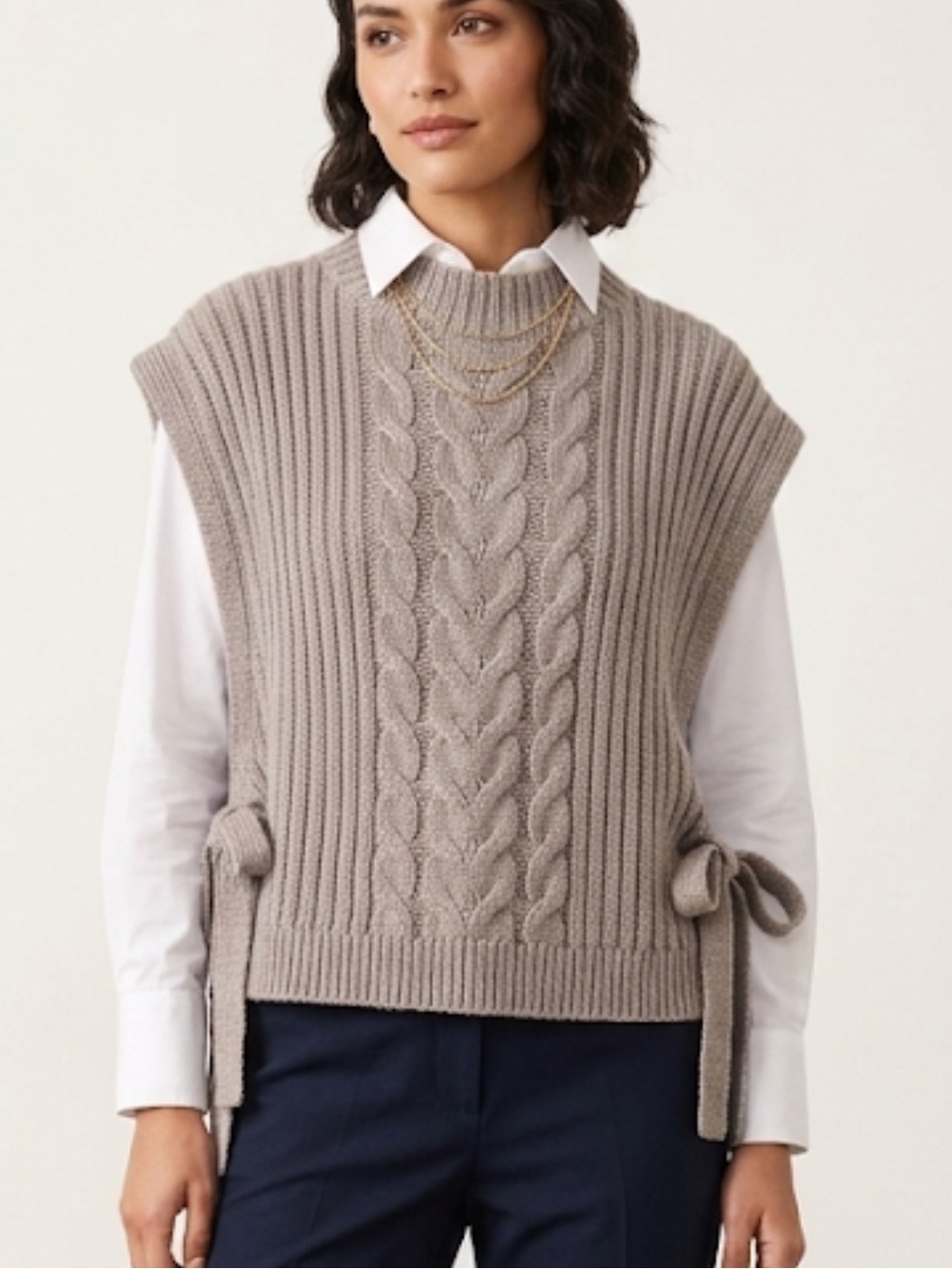 Talulah Wool Blend Side Tie Taupe Cable Knit Sweater Vest